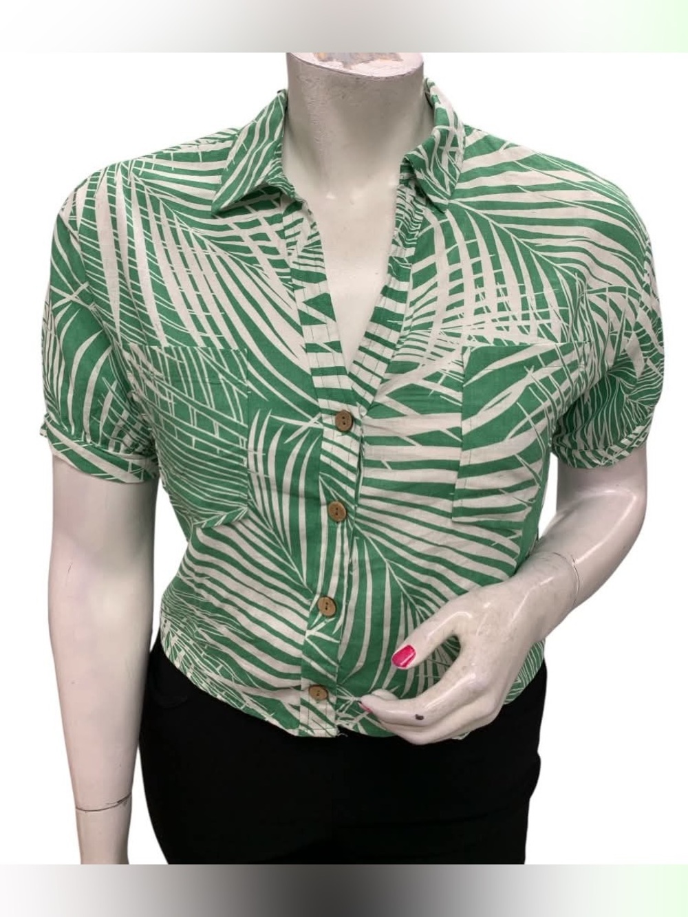 Panama Jack NWT Green & White Palm-Print Short Sleeve Button-Down Shirt Size L